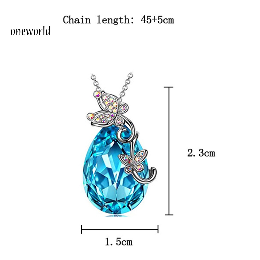 |Onwo Dress Mini Lengan Pendek Untuk Wanita| Kalung Rantai Desain Butterfly Waterdrop Aksen Kristal Imitasi Warna Biru Bahan Silver Plated Untuk Wanita