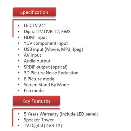 Polytron LED TV 24&quot; Digital TV Cinemax Speaker Tower DVB-T2 24TV1855