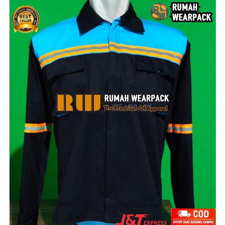 Baju Kerja/ Wearpack Kerja Atasan Hitam Kombinasi Biru Telur Bebek