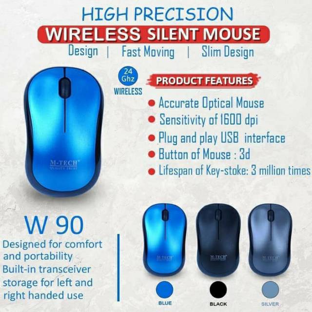 M-Tech W90 Mouse Wireless 2.4GHZ Silent