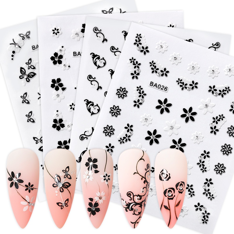 1 Lembar Stiker Kuku 3D Motif Bunga Aksen Berlian Imitasi Untuk Dekorasi Nail Art DIY