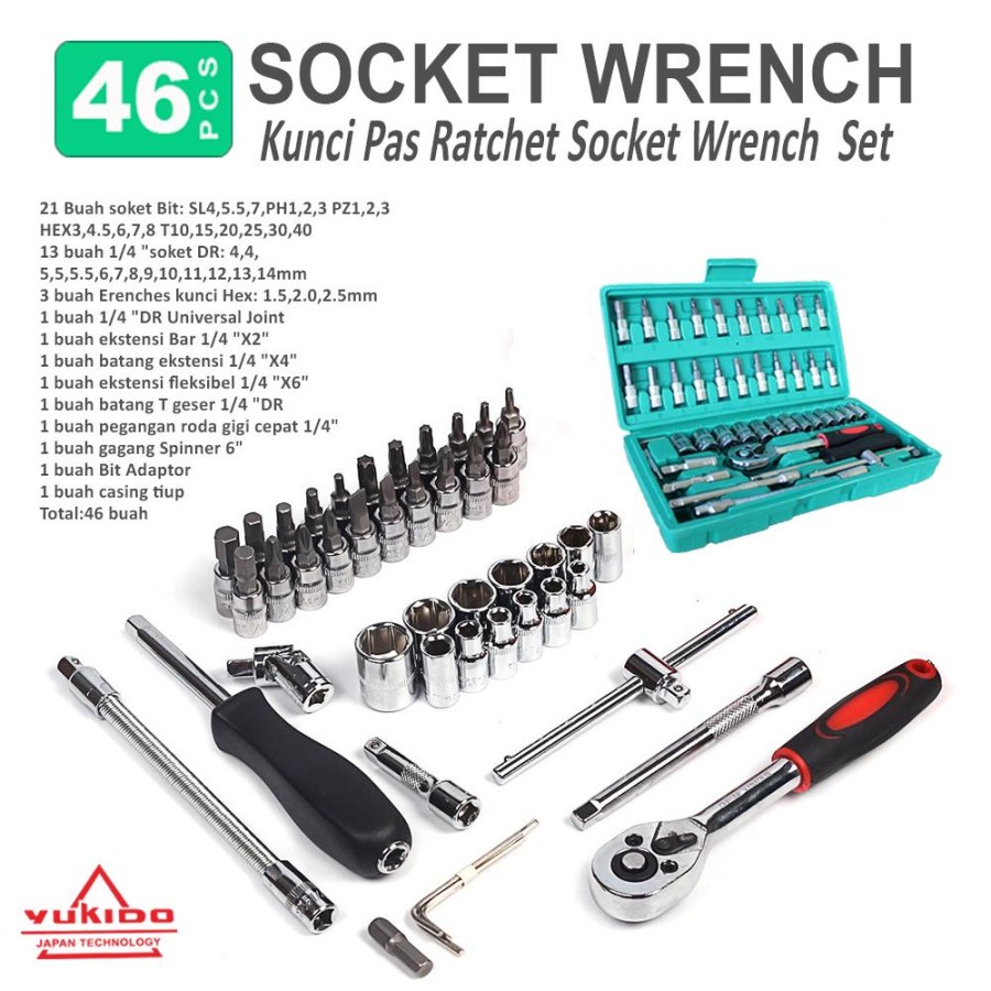 KUALITAS TERJAMIN Set Kunci Sok Kunci Shock 46 pcs Mobil Motor Lengkap Socket Tool Kit Pas Ring L Motor Mobil