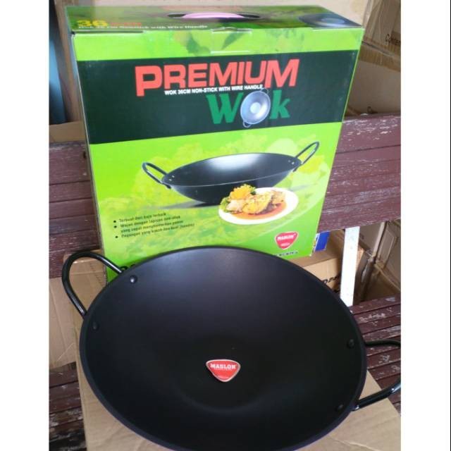 Maslon Premium Wok 36 cm Wajan Penggorengan Baja Lapis Teflon Maspion