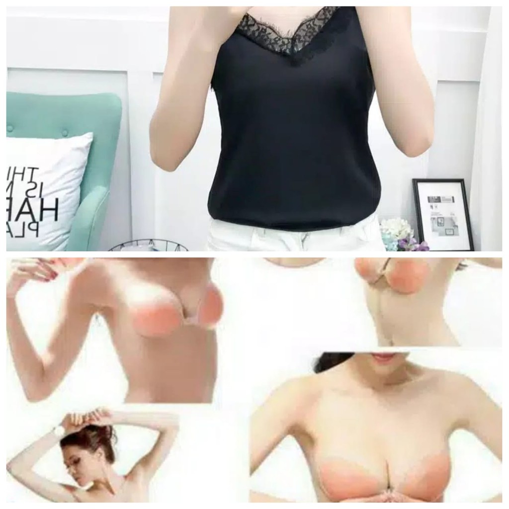 TOKOBRA - [2 IN 1] Silky V-Neck Tanktop / Tanktop Brukat Renda Wanita Silky Satin + Silicone