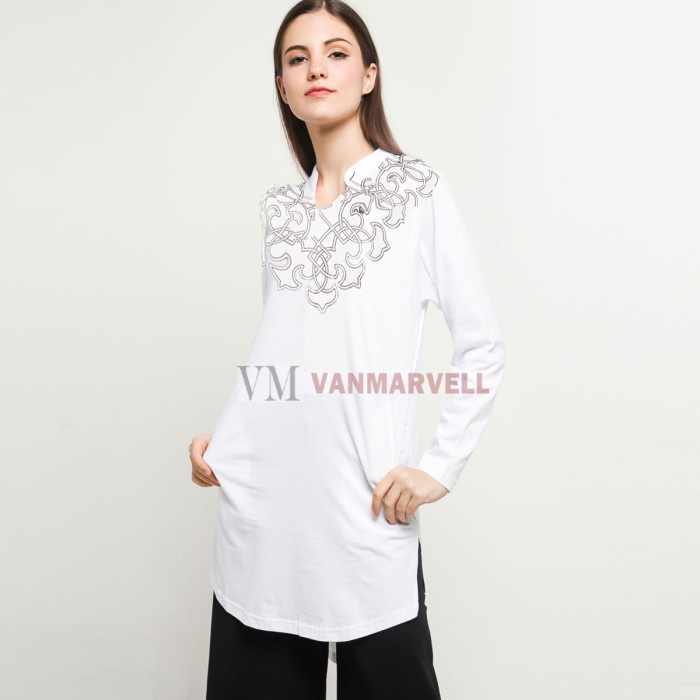 Tunik VM Panjang Wanita Atasan Muslim Wanita Jumbo Blouse Wanita Putih M N3P4 Baju Tunik Nyaman Terb
