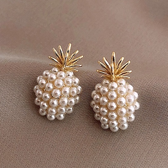 Anting Stud 925 Silver Needle Bentuk Nanas Aksen Mutiara Gaya Retro Perancis