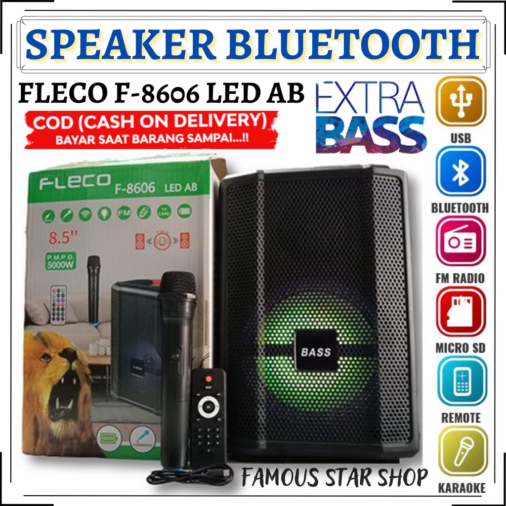 SPEAKER BLUETOOTH FLECO F-8606 AB LED 8'5 INCH FREE MIC WIRELESS KARAOKE + REMOTE - SPEAKER KARAOKE FULL BASS | FMS