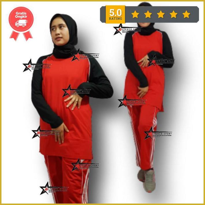 Setelan Baju Olahraga Muslim/Setelan Kaos Olahraga Muslim - Merah Abu, M Free Ongkir