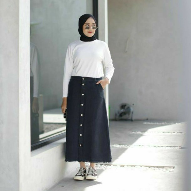 ROK JEANS KANCING BUTTON DENIM SKIRT SNOW