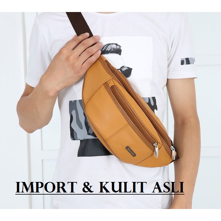 Waist Bag Tas Pinggang Selempang Pria Kulit Sapi Asli Import