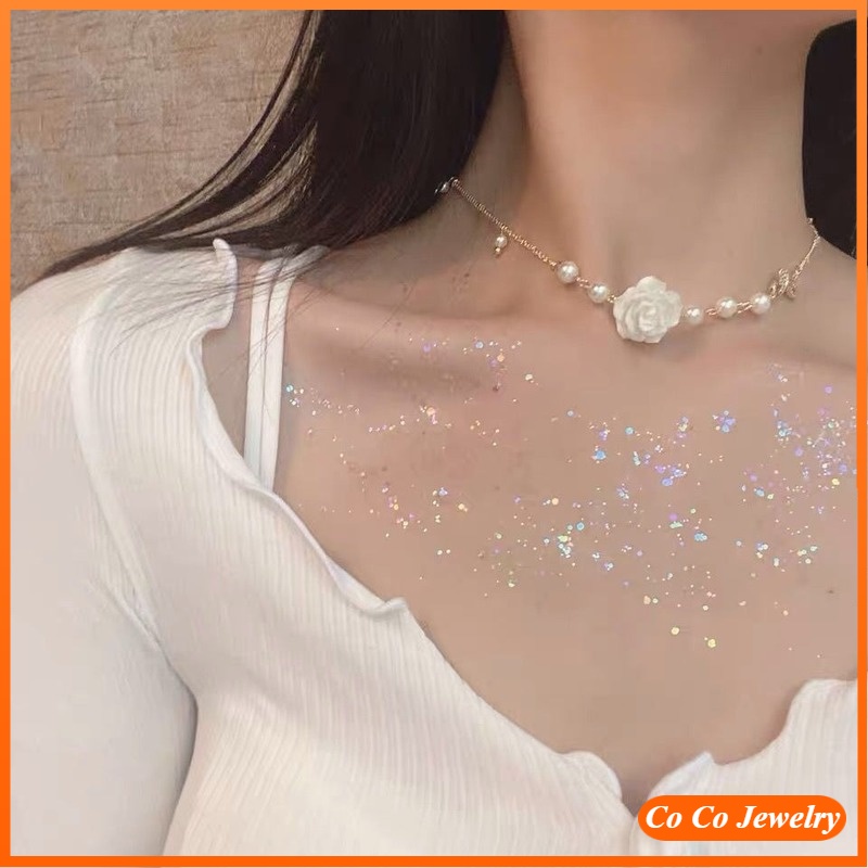 Co Co Co Kalung Rantai Clavicle Desain Bunga Hias Zircon + Mutiara Imitasi Gaya Korea Untuk Wanita