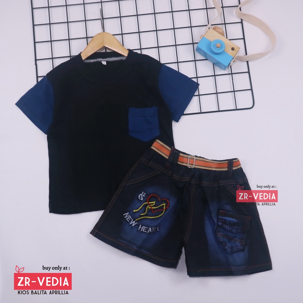 Setelan John Ethes uk 1-2 Tahun /  Set Lengan Pendek Anak Laki-Laki Celana Jeans Kantong Baju Oblong