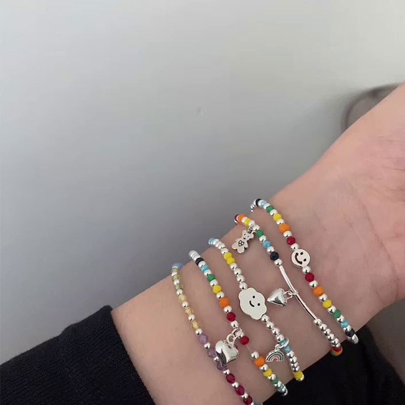 Gelang Manik-Manik Bulat Warna Pelangi Gaya Korea Retro Untuk Aksesoris