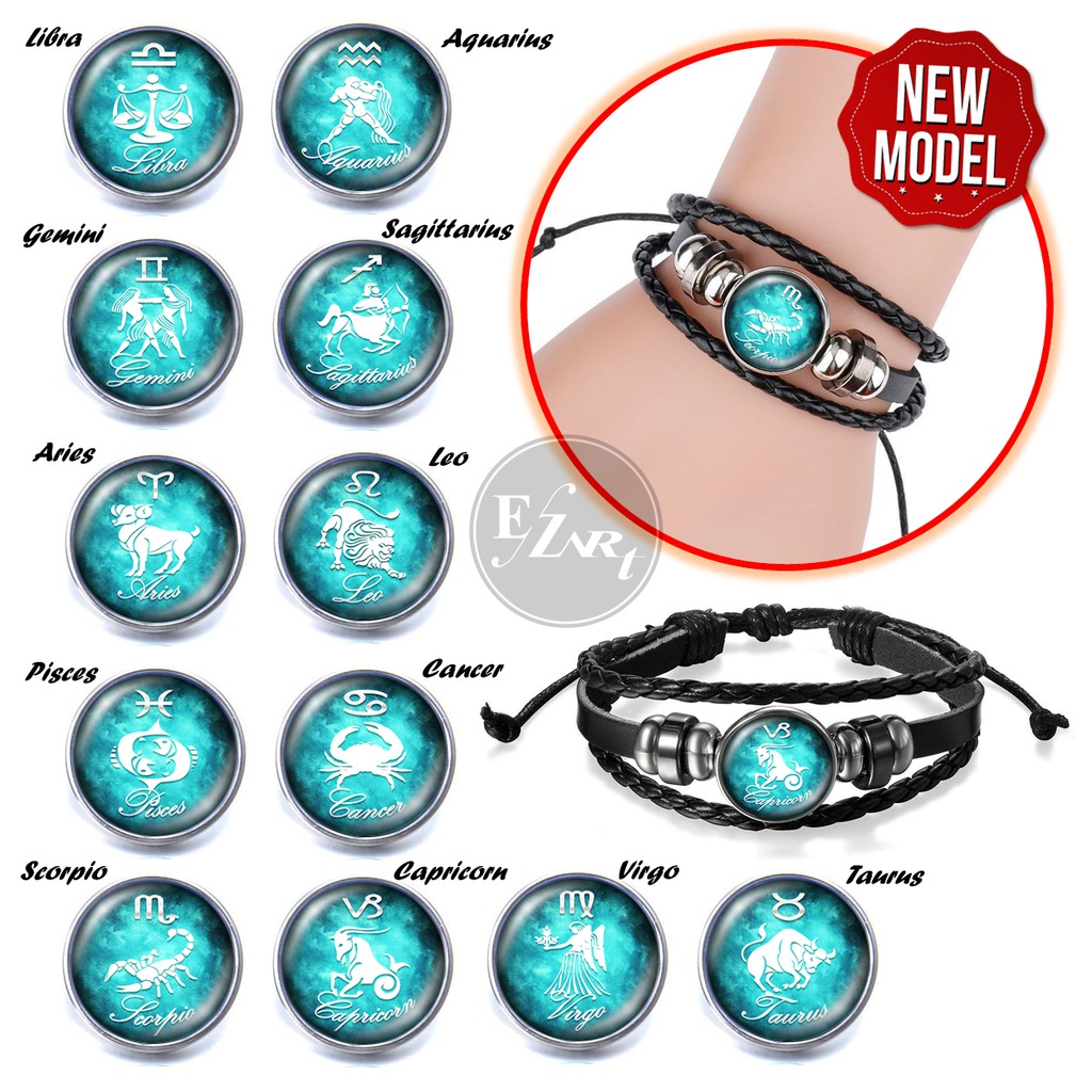 GELANG ZODIAK MODEL TERBARU 12 SIMBOL ZODIAC HOROSCOPE BAHAN KULIT MULTILAYER