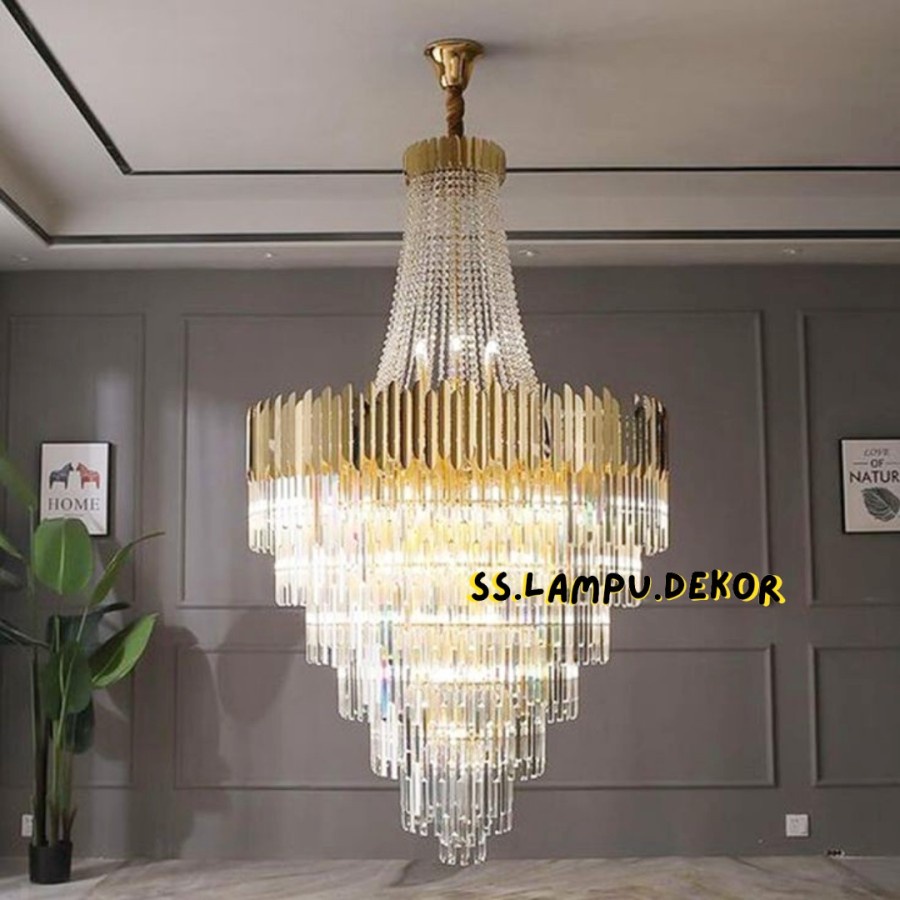 LAMPU GANTUNG KRISTAL MINIMALIS MODERN GOLD MEWAH BESAR