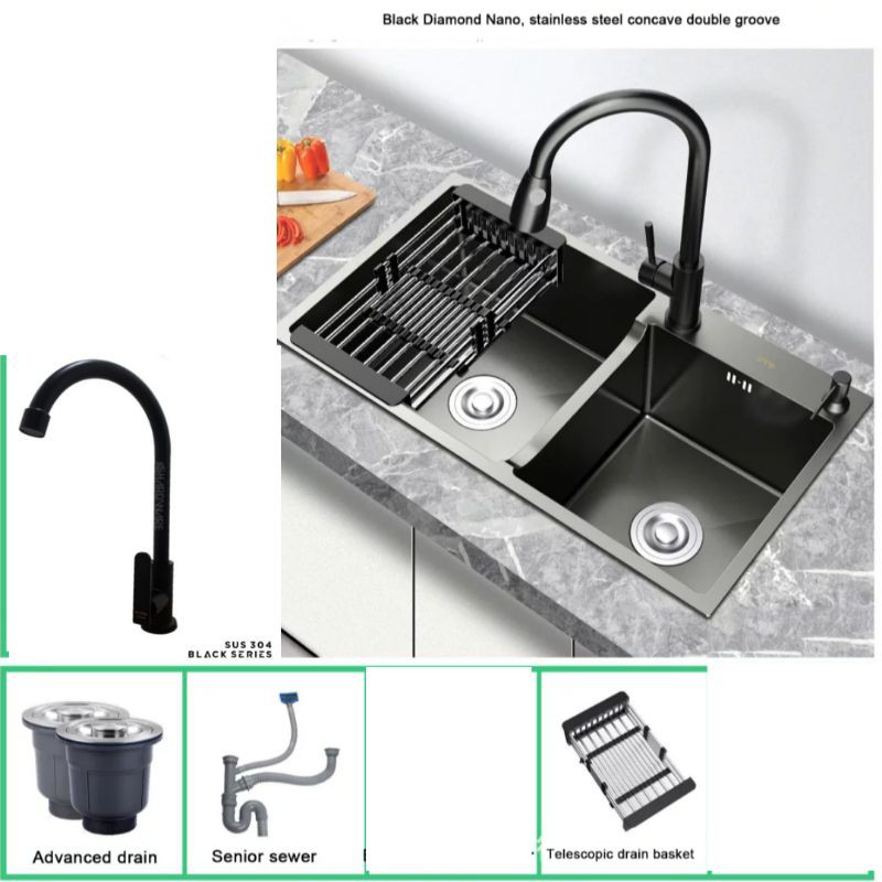 Paket Lengkap Bak cuci piring ONAN ORIGINAL 8245 BLACK KITCHEN sink Hitam