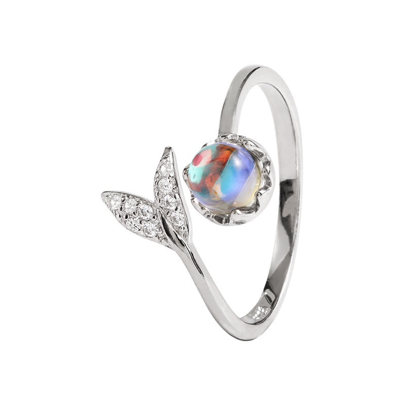 [Korean Mermaid Tail Moonstone Personality Adjustable Opening  Rings For Women] [Ladies Trendy Cute Tail Fairy Ring Inlaid Colored Stone Alloy Ring] [Girls Elegant Personality Party Rings Gifts]