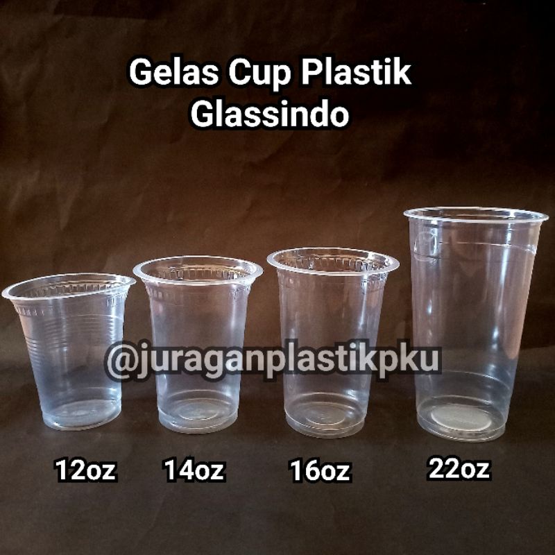 ( Glassindo ) Gelas Cup Plastik Datar 12 14 16 oz isi 50 pcs/pack | Jus Juice Minuman Bubble Boba Merak Pop Ice