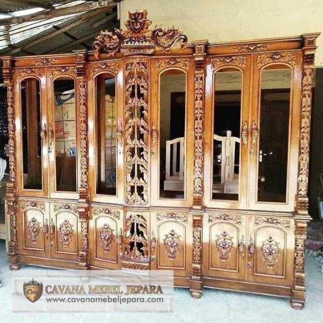 lemari hias jati shima ukir- lemari kristal