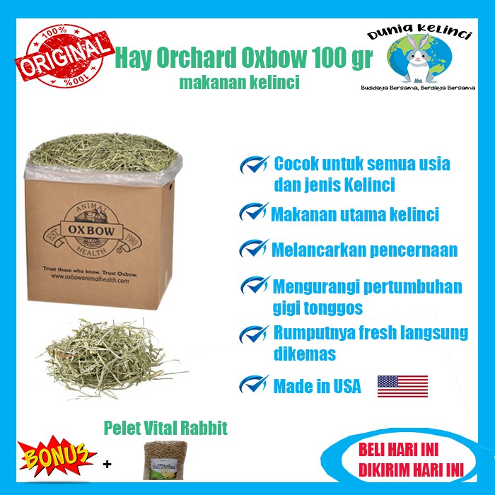 MAKANAN KELINCI HAY ORCHARD OXBOW 100 GR GUINEA PIG MARMUT CHINCHILLA HAMSTER RUMPUT KERING JERAMI