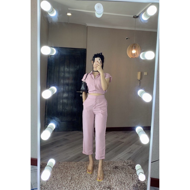 JASMINE SET SETJ310 ONE SET ATASAN CROP KARET DAN CELANA BASIC ADA SELETING DAN KANCING SETJ310-Lilac