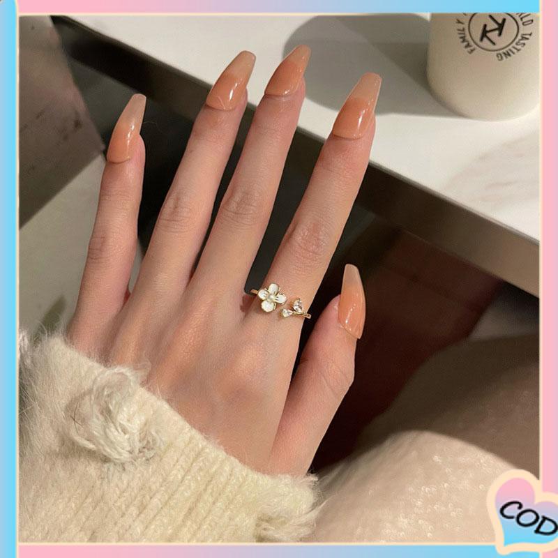 COD❤️ Cincin Bunga Sederhana Lembut Manis Kecantikan Temperamen Cincin Pembuka Glossy-A.one