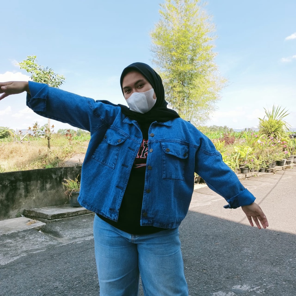 JAKET JEANS ALMA SANDWASH JUMBO LD 100-146 BAHAN DENIM JAKET WANITA CROPTY BIGSIZE-ALMA BIRU LD 130