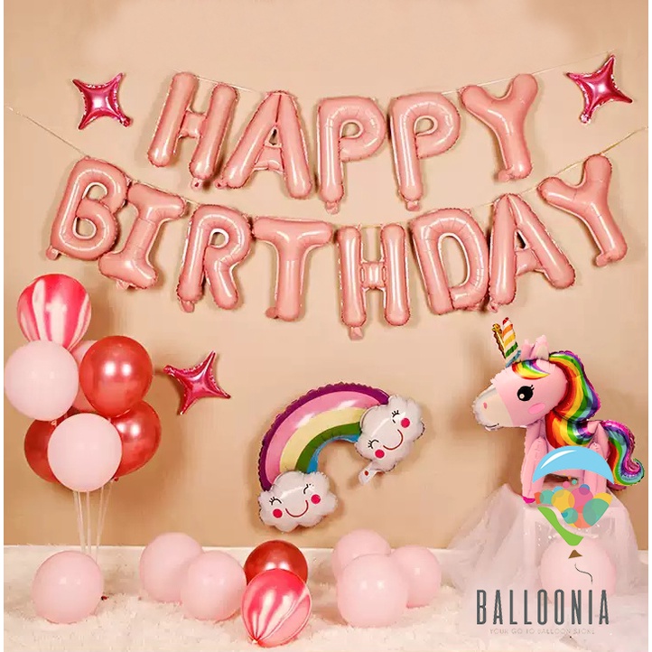 SET Foil Balloon Birthday Standing Pink Unicorn | Dekorasi Balon Ulang Tahun Ultah Anak Perempuan Ce