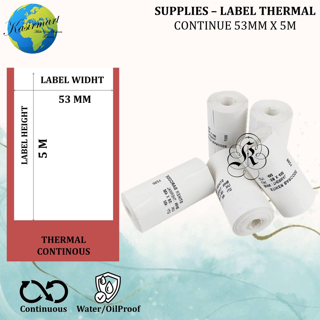 [MIN 5 ROLL] KERTAS STICKER THERMAL 58MM COCOK UNTUK PRINTER LABEL THERMAL BLUETOOTH 53X5M RESI