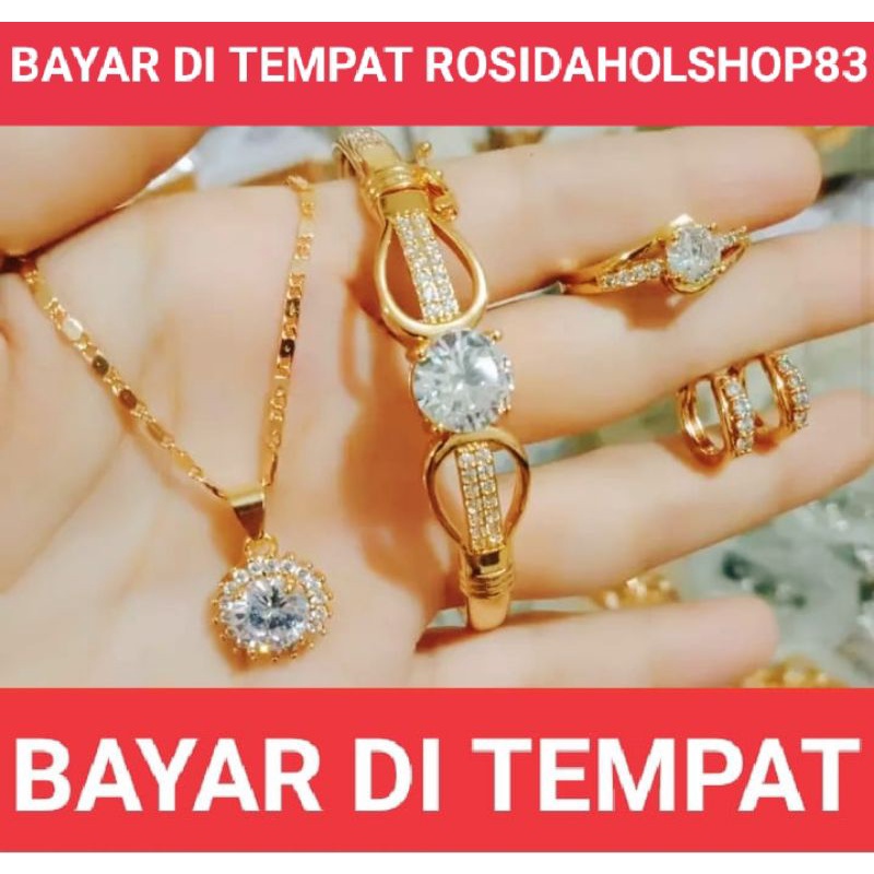 SET WANITA TITANIUM MOTIF PERMATA GIOK PUTIH LAPIS EMAS 23K ANTI KARAT