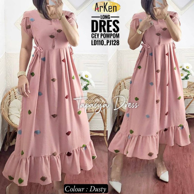 GAMIS MIDI HOMEDRESS ELEGANT FAB CRINKLE POMPOM PREMIUM - TAPASYA CEY POMPOM MIDI BY ARKEN