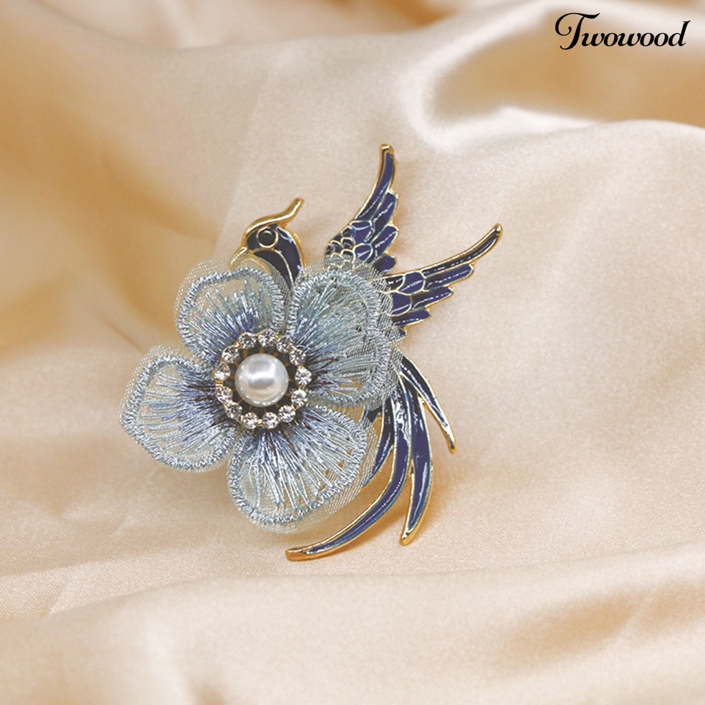 Twowood Embroidery Flower Lapel Pin Enamel Bird Alloy Faux Pearl Rhinestone Brooch Pin Costume Accessories