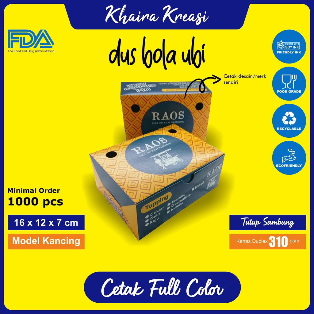 

Cetak Custom Dus Kue / Dus Snack / Kotak Kue / Snack Box / Ukuran 16x12x7 cm (Tutup Sambung) Minimal 1000 Pcs / Cetak Full Color / Laminasi