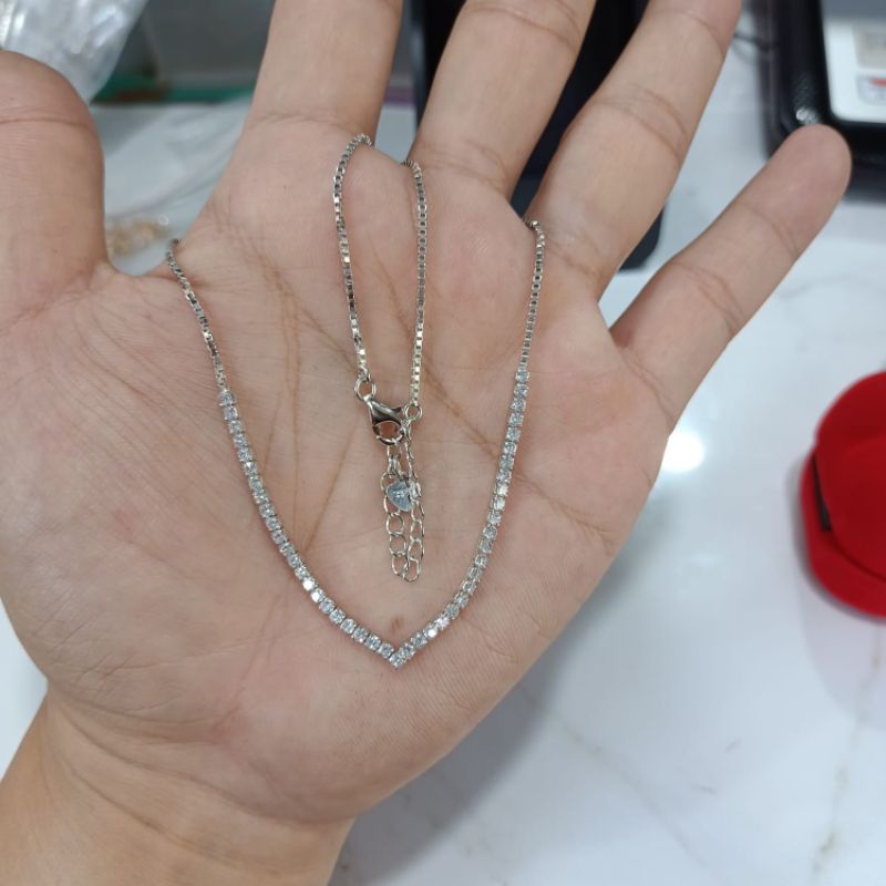 Kalung V Mata Baris, Perak 925, Sepuh Emas Putih