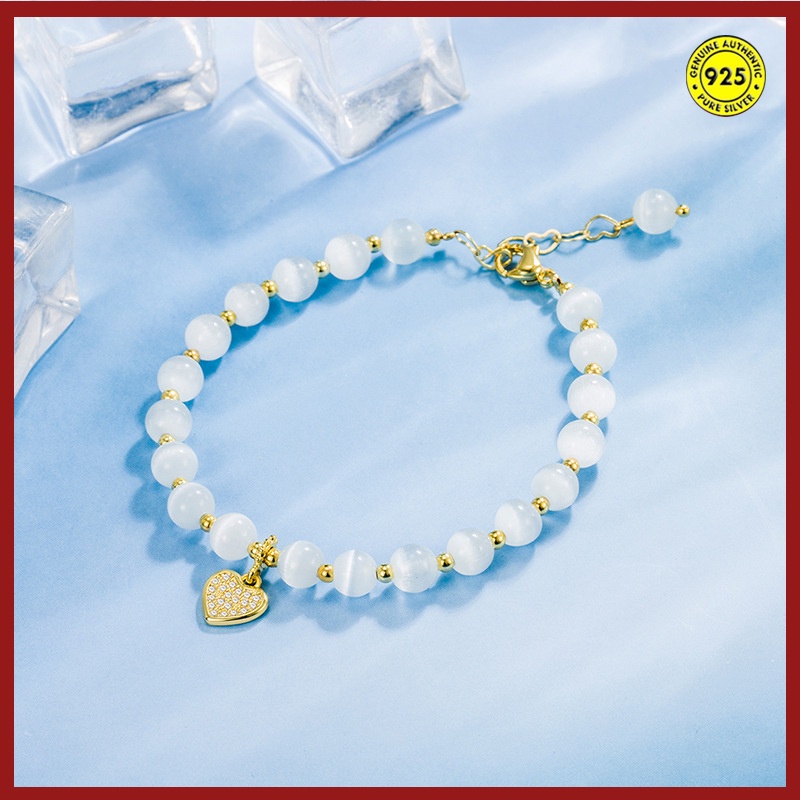 Gelang S925 Silver Opal Zircon Bentuk Hati Warna Emas Untuk Wanita