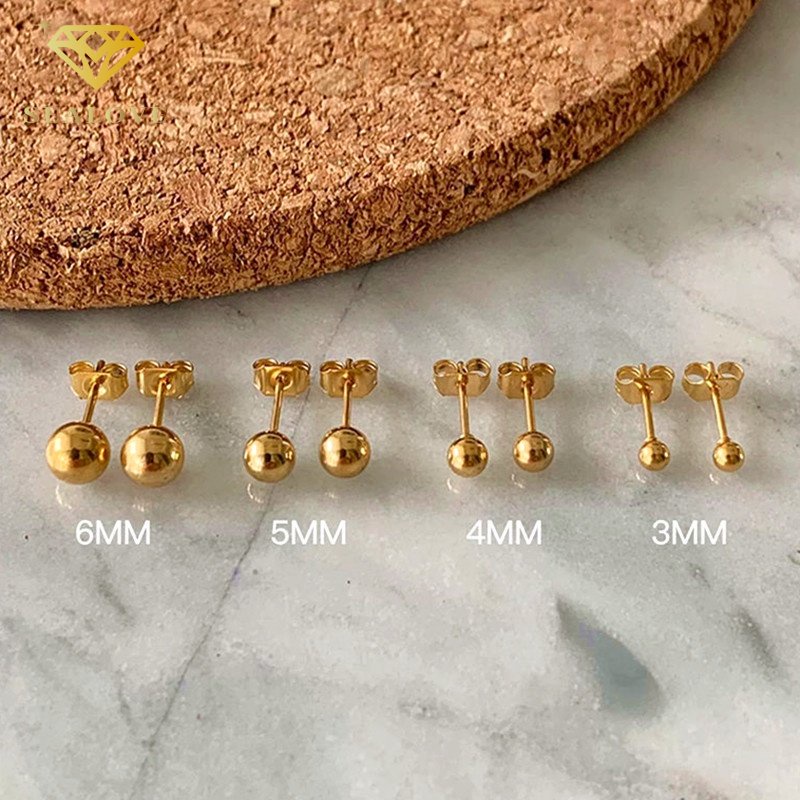 SEALOVE Anting Titanium Wanita Anti Karat Needle Bentuk Emas Bola Manik-Manik Stud Earrings Hypoallergenic Ukuran Kecil 4MM 6MM