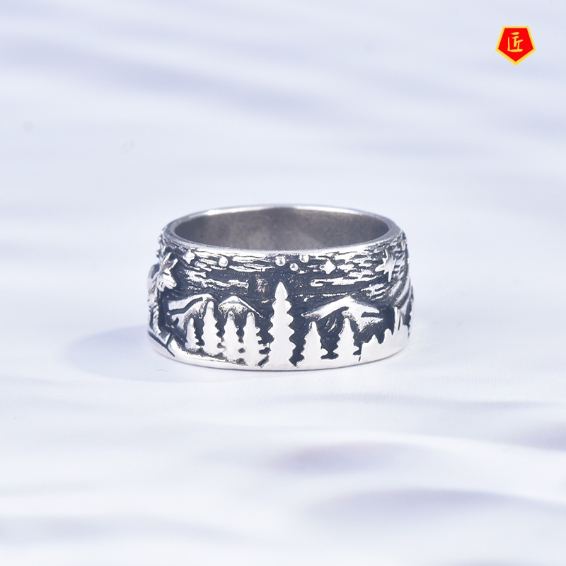 [Ready Stock]S925 Silver Retro Creative Coniferous Forest Ring