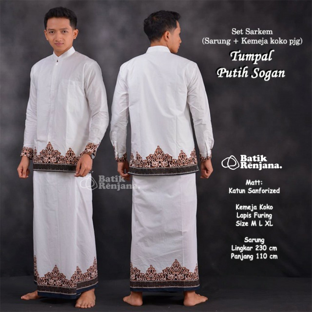 TUMPAL PUTIH SOGAN Kemeja dan Sarung Batik Pria Dewasa Premium Lebaran Asli Solo ALL Size RENJANA