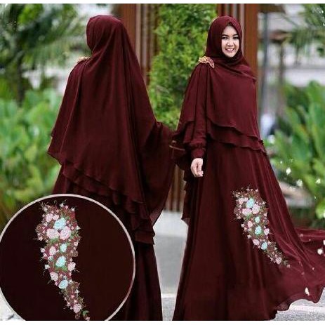 Dress Muslim Syari Bordir Bergo Syahrini Maroon Baju Gamis Terbaru 2017