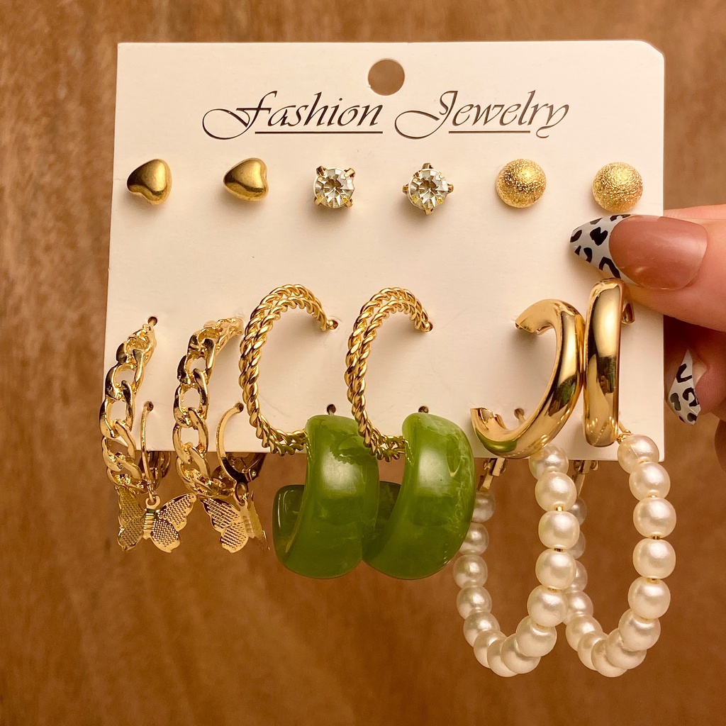 5pcs / Set Anting Stud Desain Butterfly Heart Drop Aksen Mutiara Bahan Resin Akrilik Untuk Wanita