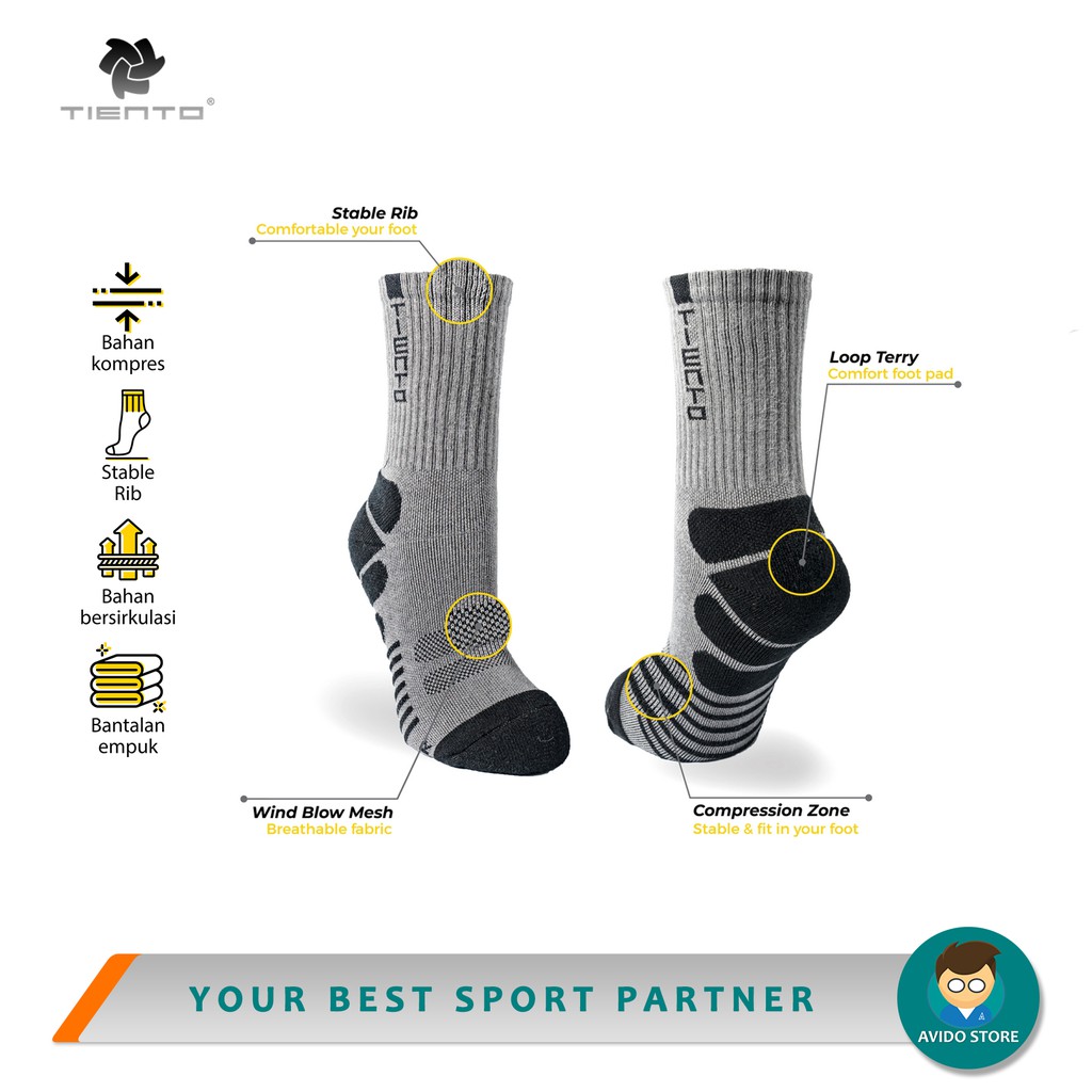 Tiento Compression Socks Typotype Grey Kaos Kaki Olahraga Kaos Kaki Ketat Anti Bakteri Original