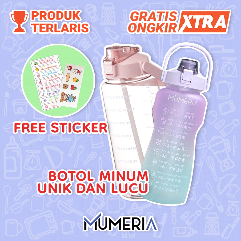 Botol Air Minum Viral 2 Liter &amp; 1,5 Liter Gradasi Bening Korea Gradient Straw 2000 mL Dan 1500 mL Rainbow Motivasi Penanda Waktu Sticker 2D 3D Food Grade Murah Bagus