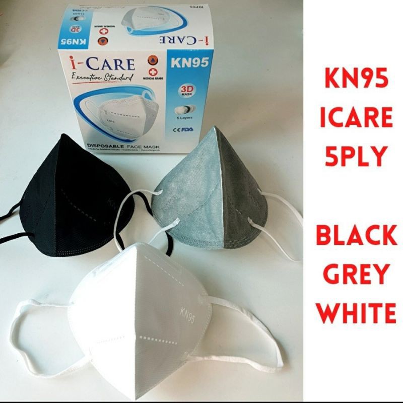 10PCS MASKER KN95 DEWASA EARLOOP 5PLY I-CARE  DENGAN BOX WARNA WARNI NON MEDICAL IMPORT BLACK GREY