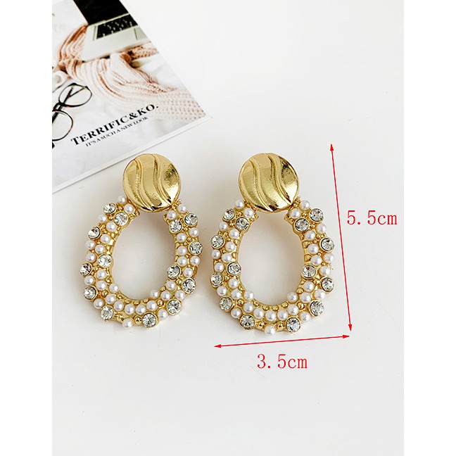 LRC Anting Tusuk Fashion Gold Alloy Pearl Studded Oval Stud Earrings D52818