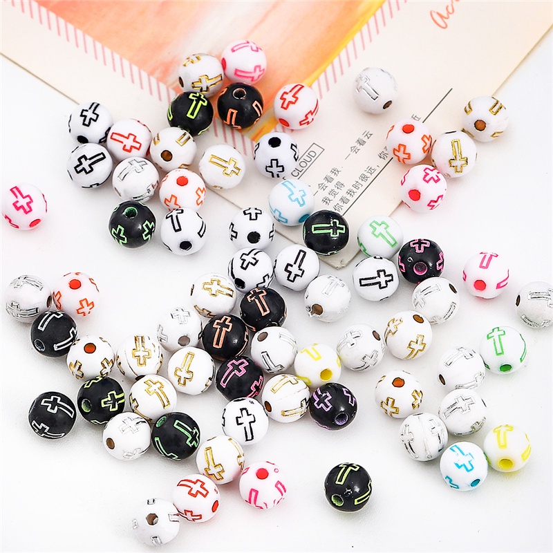 100Pcs/Lot 8mm Plastic Acrylic Round Carved Cross Beads Color Pattern Round Ball Beads for Bracelet Necklace DIY Jewelry Making