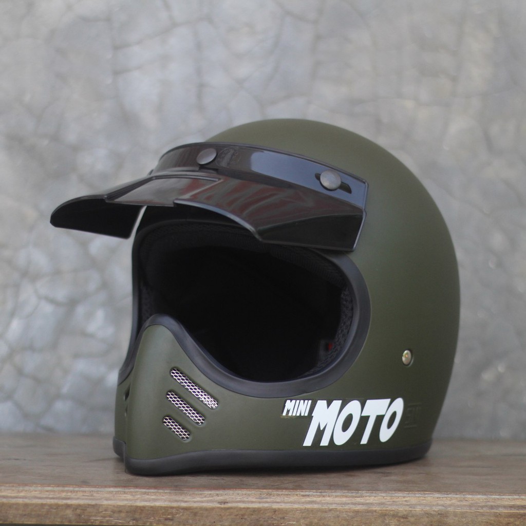 Helm Cakil Mini Moto 3 Enduro Trail Green Army Doff (Vintage / Retro / Bogo / Klasik / Classic )