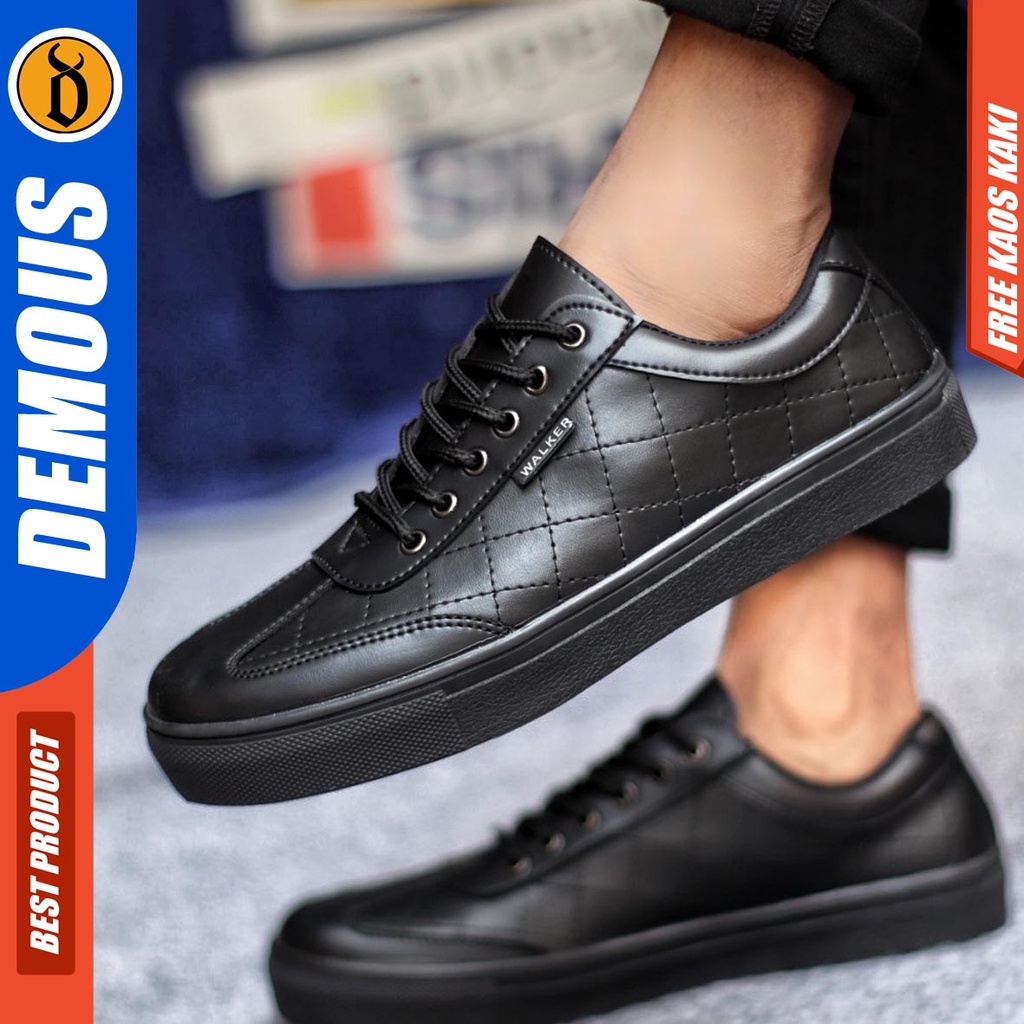 Sepatu Kasual Pria Sneakers Casual Kulit Pu Hitam Polos Kerja Demous Pedroo