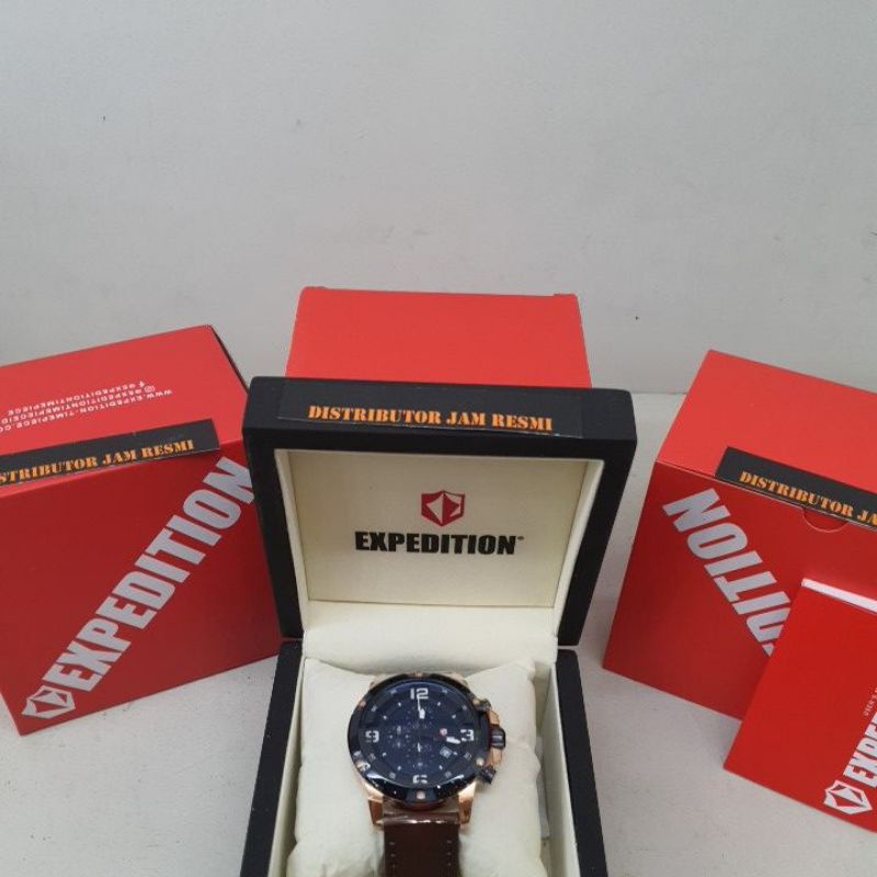 Jam Tangan  Pria Expedition E6698M E 6698 M E6698 M E 6698M Black Rose Gold Dial Black Brown Leather