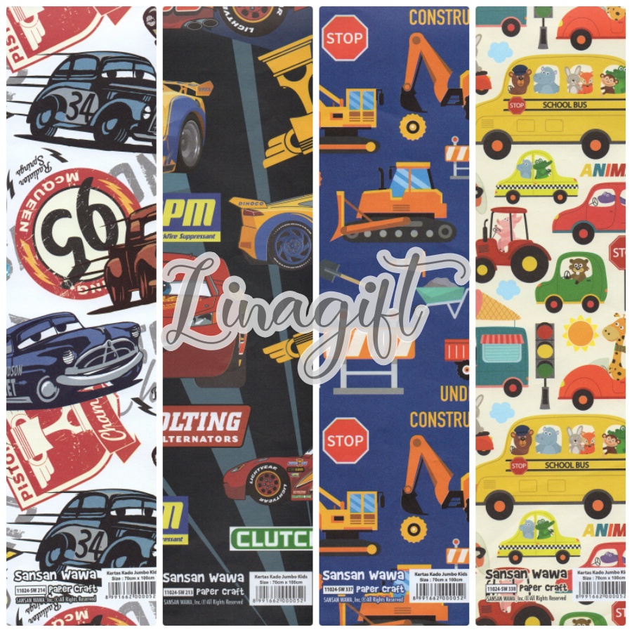 ( 5 Lembar ) JUMBO BOYS - KERTAS KADO SANWA CARS - GIFT WRAP PAPER SANSAN WAWA MCQUEEN / PIRATES / SOCCER BALL / TRUCKS / EXAVATORS TRUCKS / TOYS STORY / PIRATES