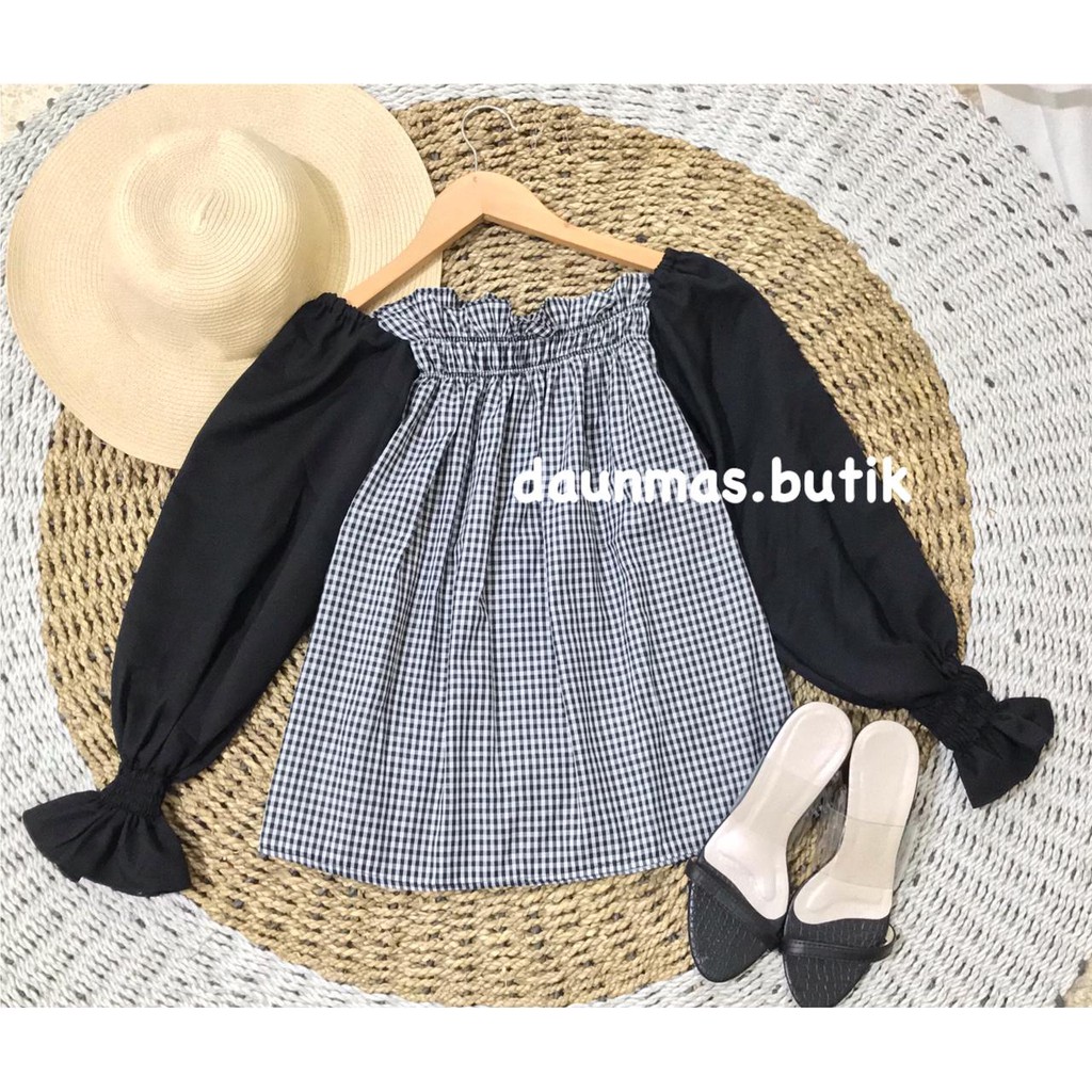 1KG MUAT 5PCS | SINSIN BLOUSE TARTAN BLACK WHITE MONOCHROME HITS OOTD SELEBGRAM FASHION WANITA